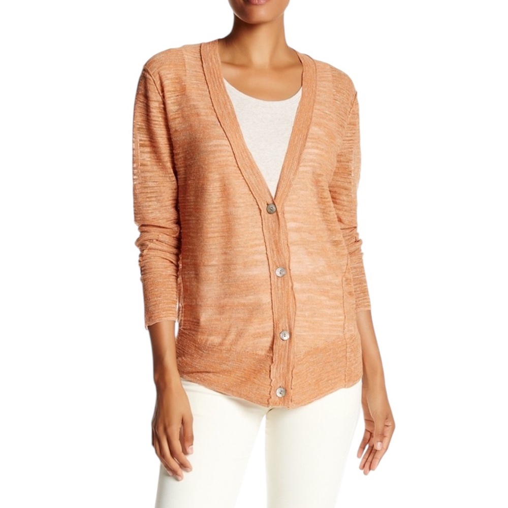 Brochu Walker Peach Linen Blend Semi Sheer Button Front Cardigan - S